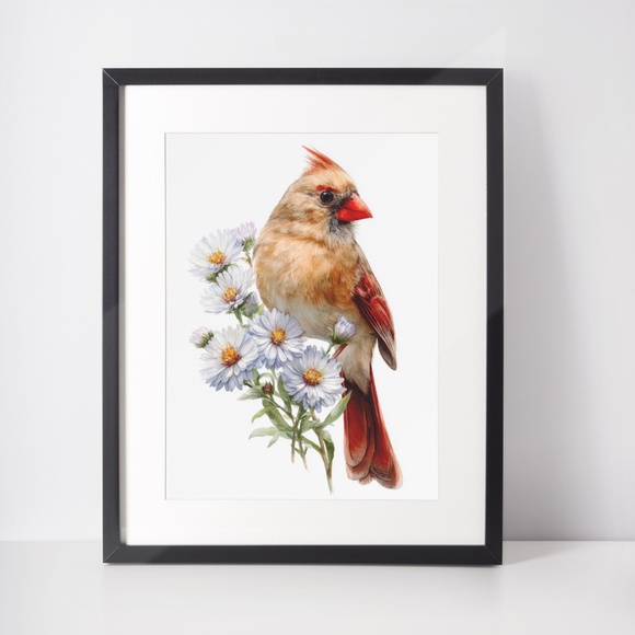 Watercolor Female Cardinal Bird with Flowers Wall Art Print Unframed - Picture 3 of 6